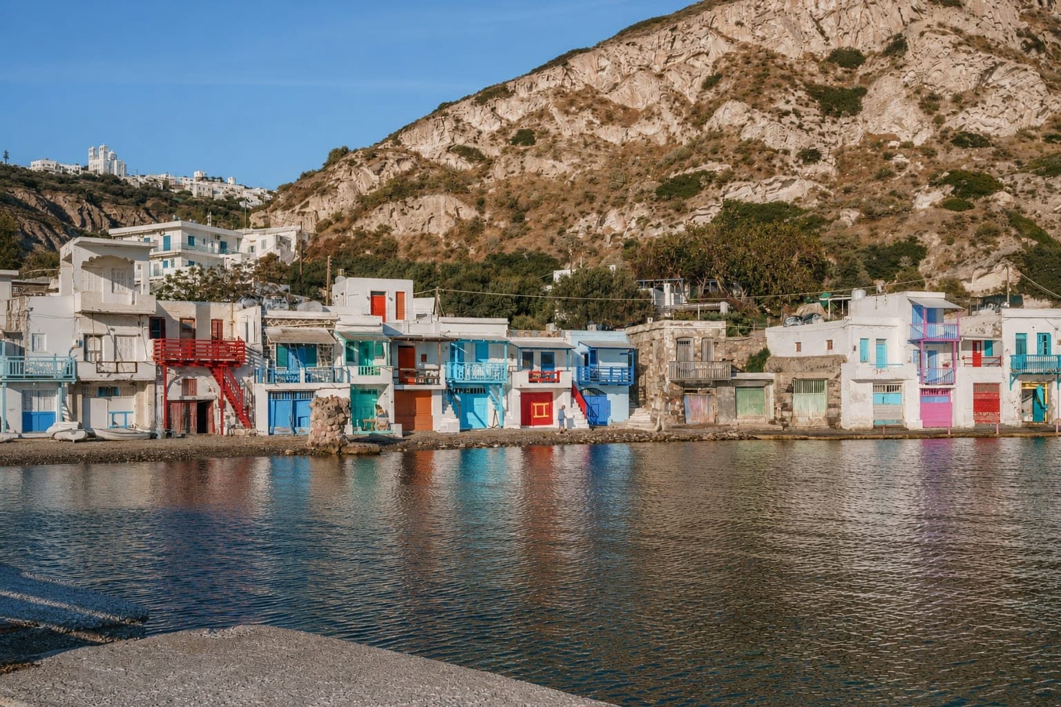 Klima village on Milos, a scenic stop for an island road trip.