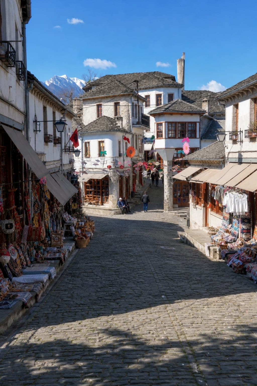 Historic bazaar street in Gjirokaster with traditional stone architecture