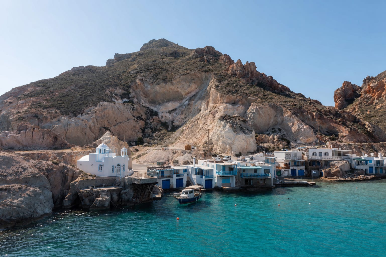 Aerial view of Firopotamos village on the island of Milos, Greece.
