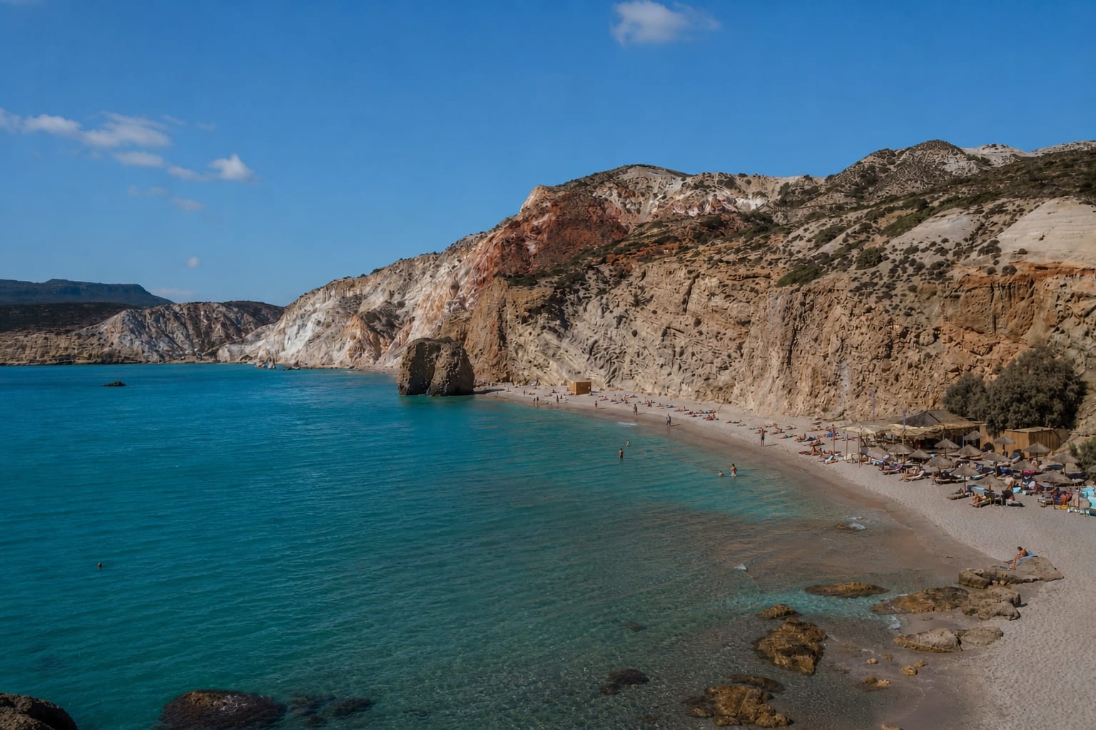 Fyriplaka Beach on Milos, a popular coastal stop for island sightseeing.