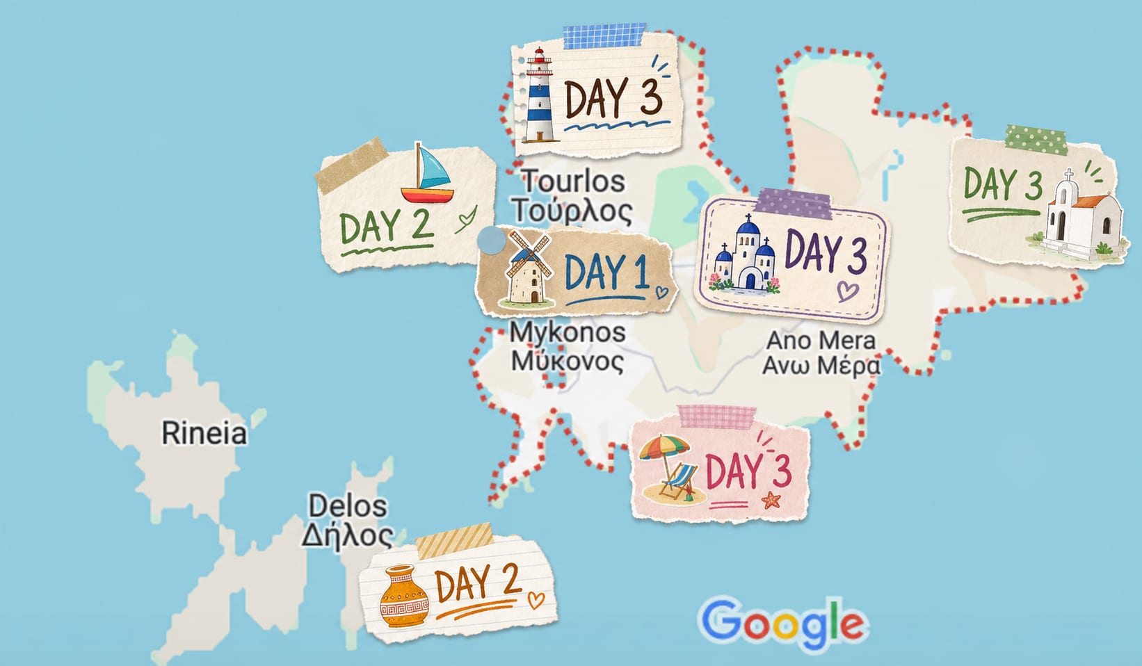 Map of a three-day Mykonos itinerary with key sightseeing stops.