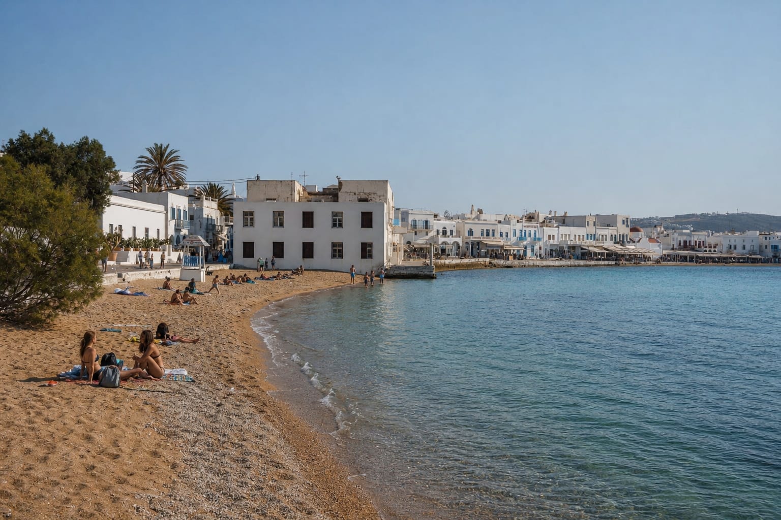 Chora Beach near Mykonos Old Town on the island coast.