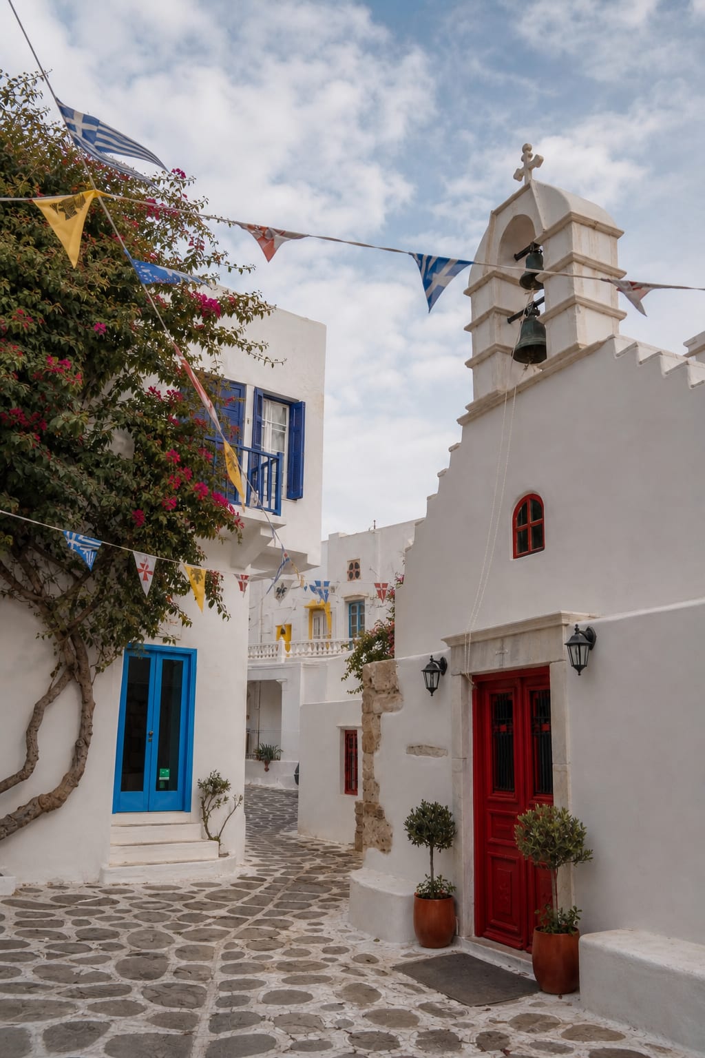 Chora Old Town in Mykonos with narrow streets and traditional architecture.