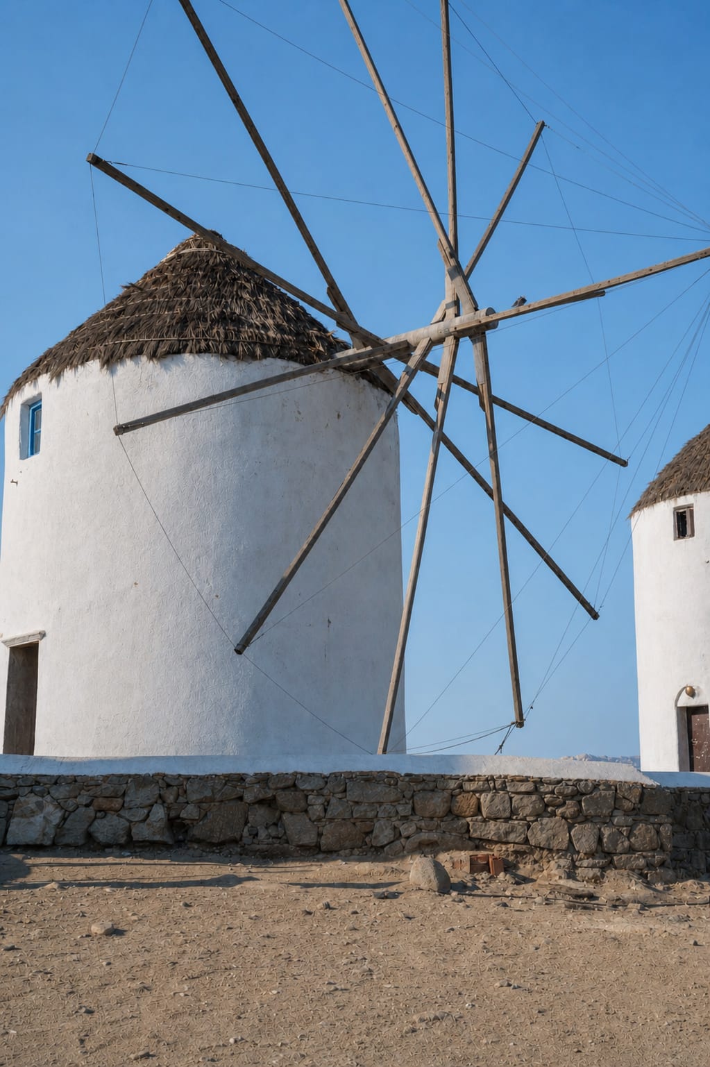 Mykonos Windmills overlooking the town and nearby coastline.