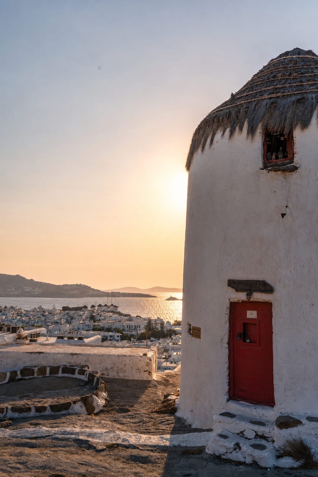 Boni's Windmill in Mykonos, a historic landmark above Chora.