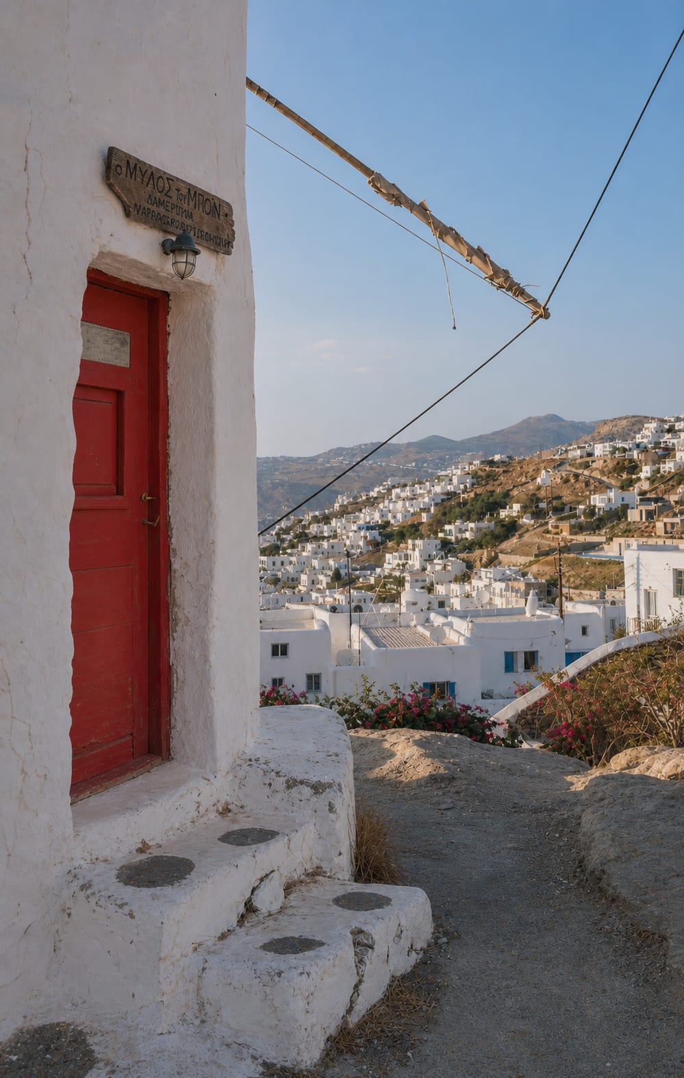 Boni's Windmill in Mykonos with views over Chora.