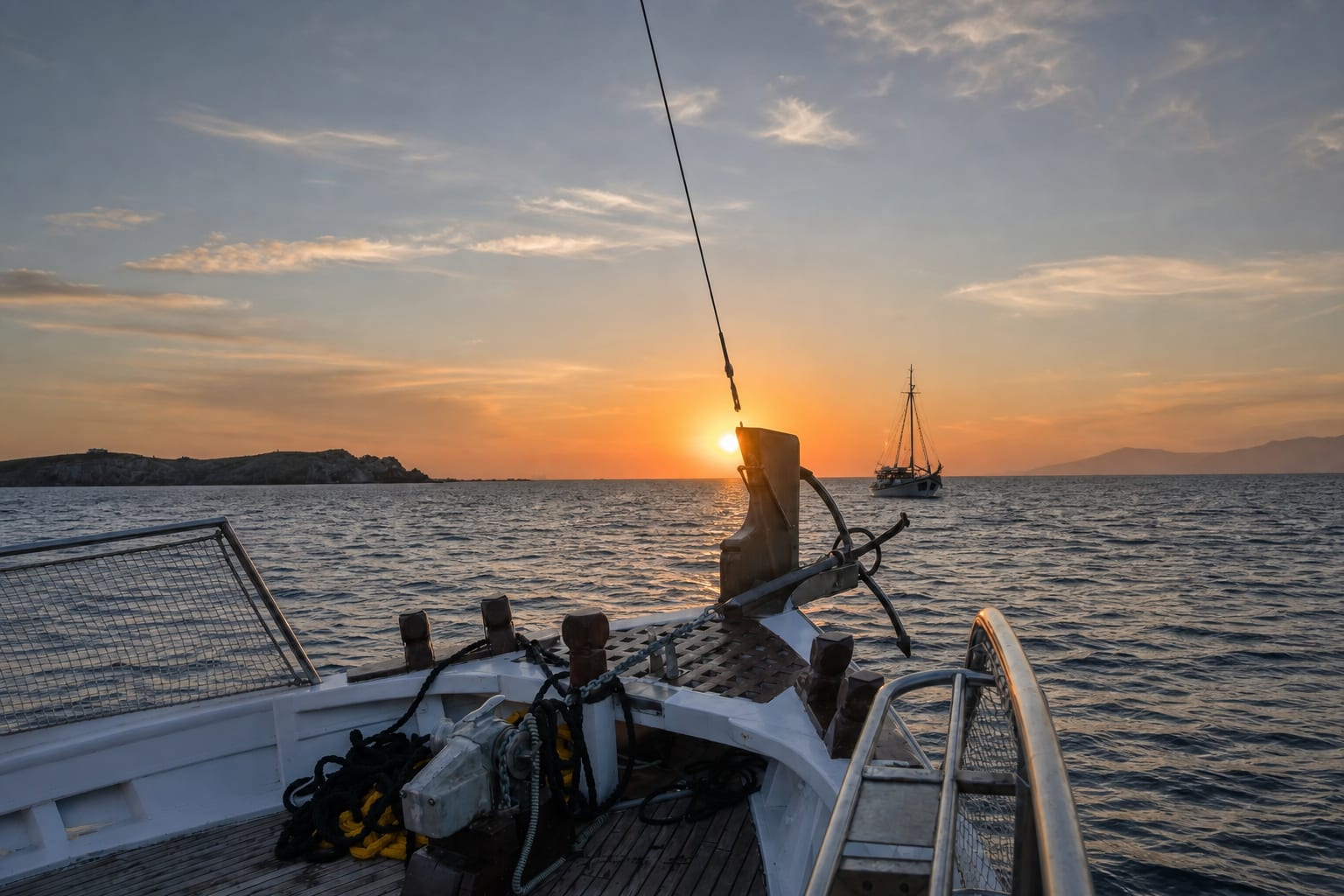 Sunset cruise in Mykonos with views of the island coastline.