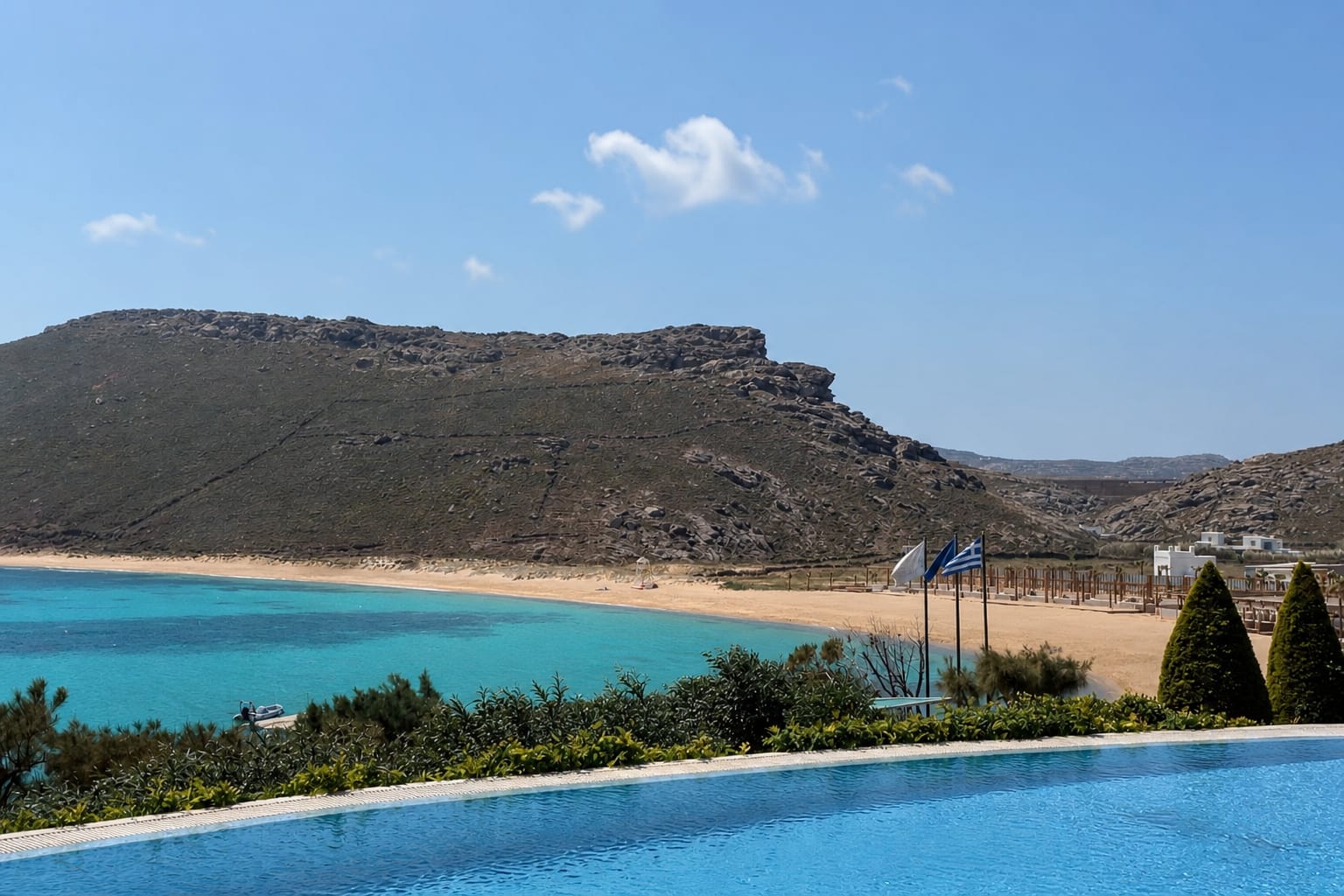 Paralia Agios Sostis beach on the coast of Mykonos Island.