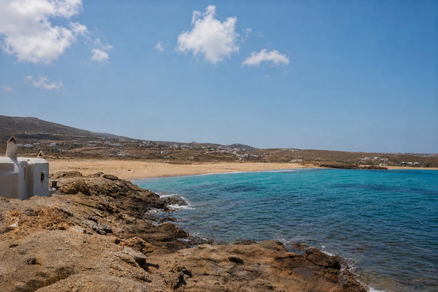 Paralia Merchia beach on the coast of Mykonos Island.