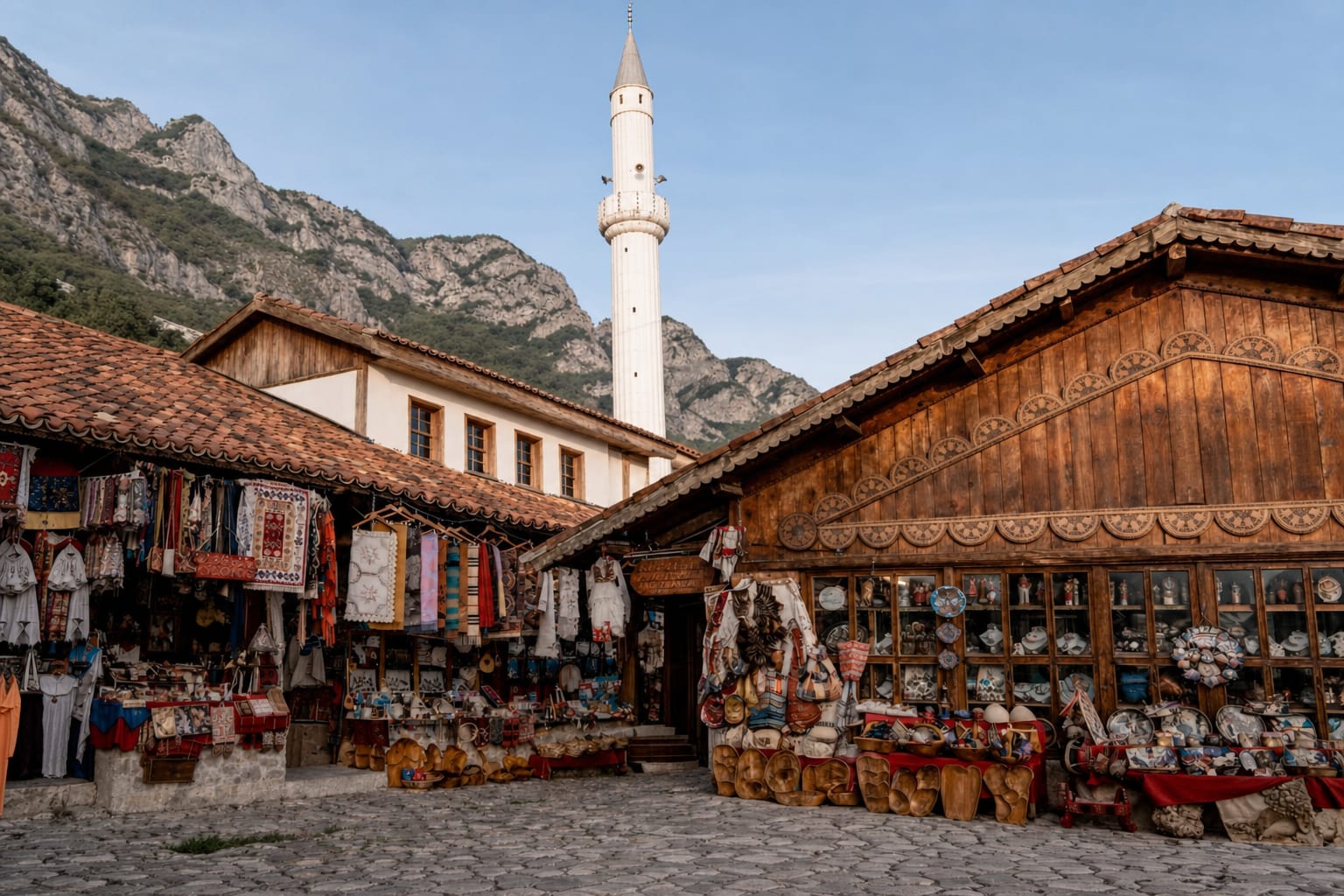 Historic town of Kruje in Albania with mountain views