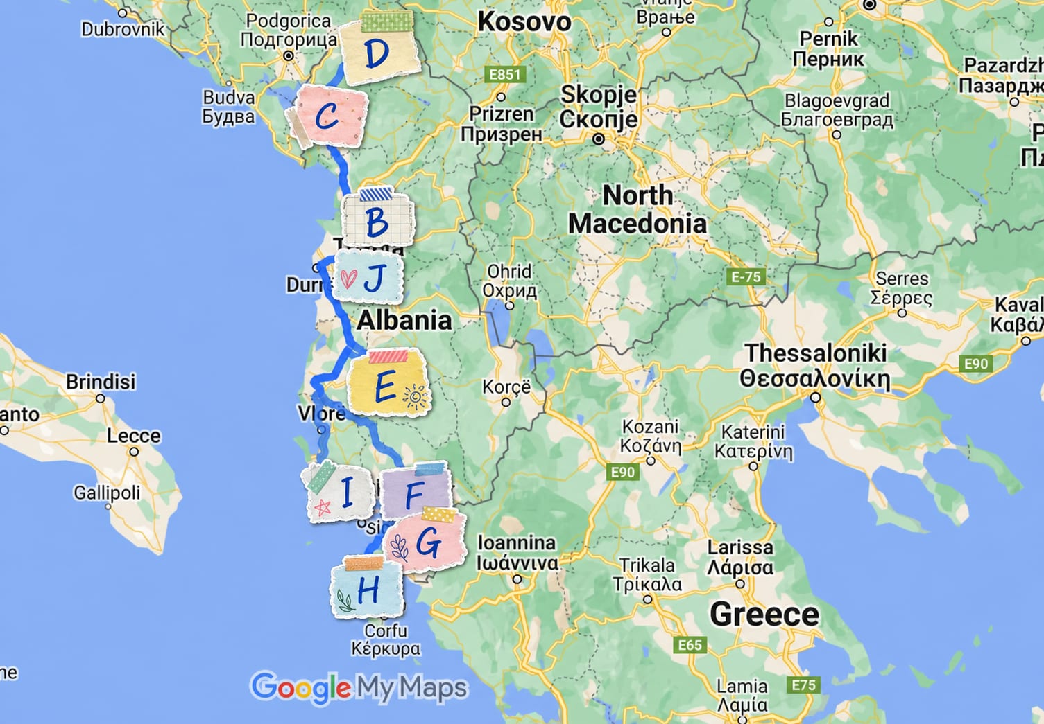 Road trip map of Albania with main travel route highlights