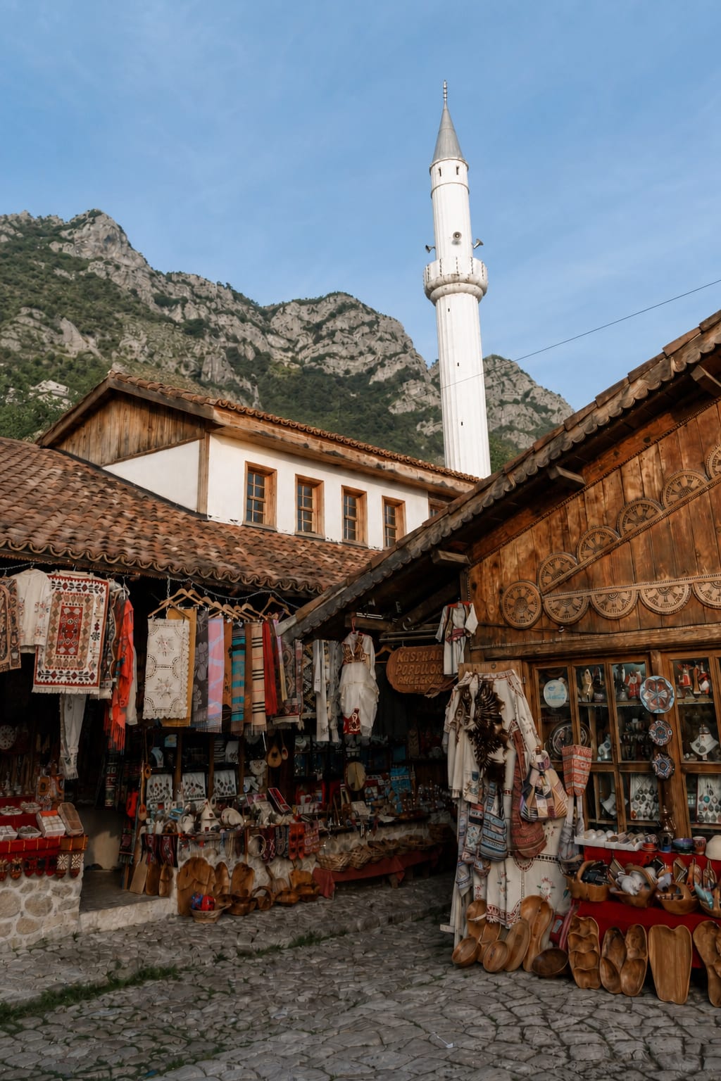 Historic streets and hillside views in Kruje, Albania