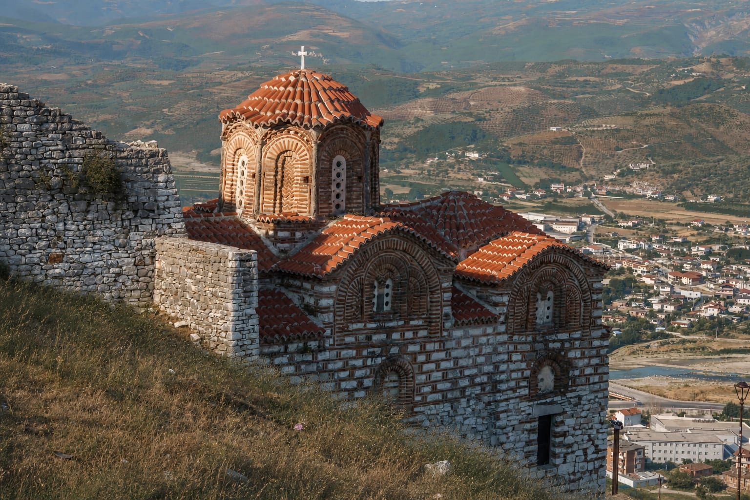 Traditional houses and hillside scenery in Berat, Albania