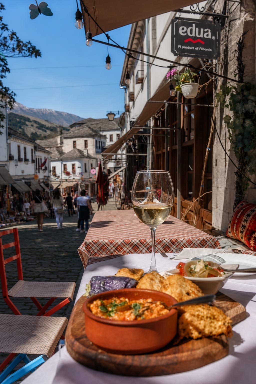 Outdoor dining terrace in Gjirokaster, Albania