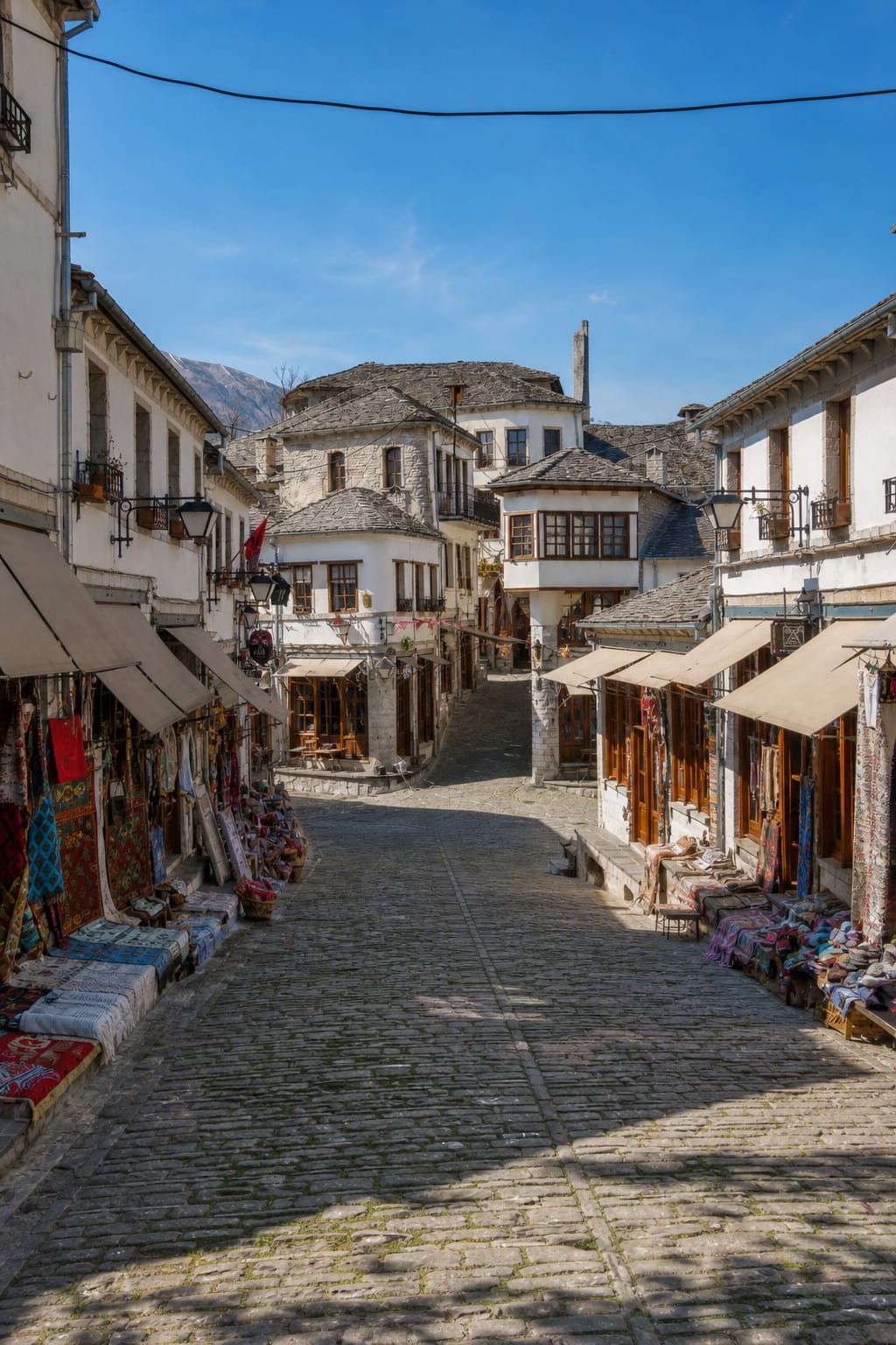Historic street scene in Gjirokaster during an Albania travel itinerary