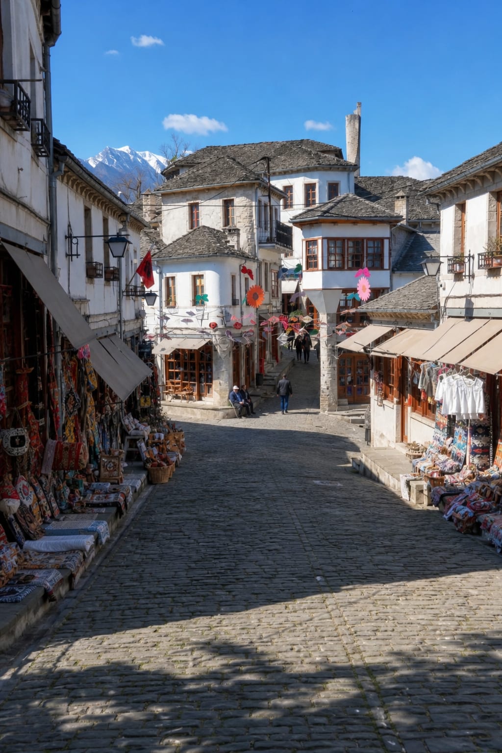 Historic bazaar street in Gjirokaster with traditional stone architecture