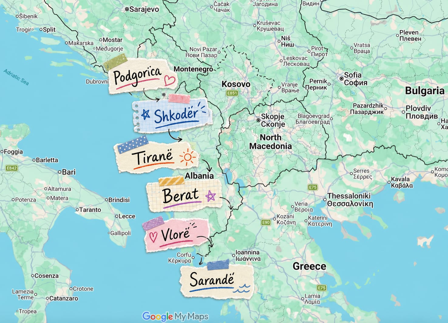 Map of the best places to see in Albania by car