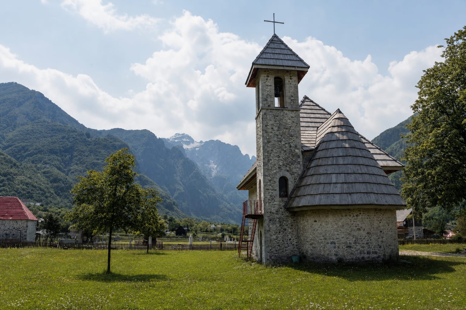 Traditional church in Theth village in the Albanian Alps
