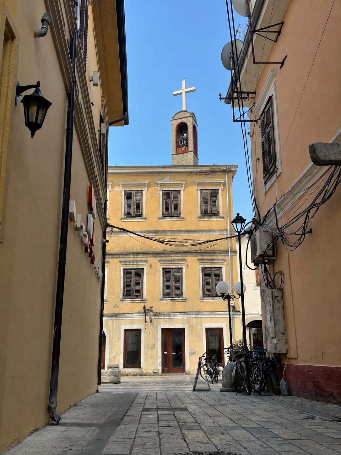 Street scene in Shkoder, Albania, with urban architecture