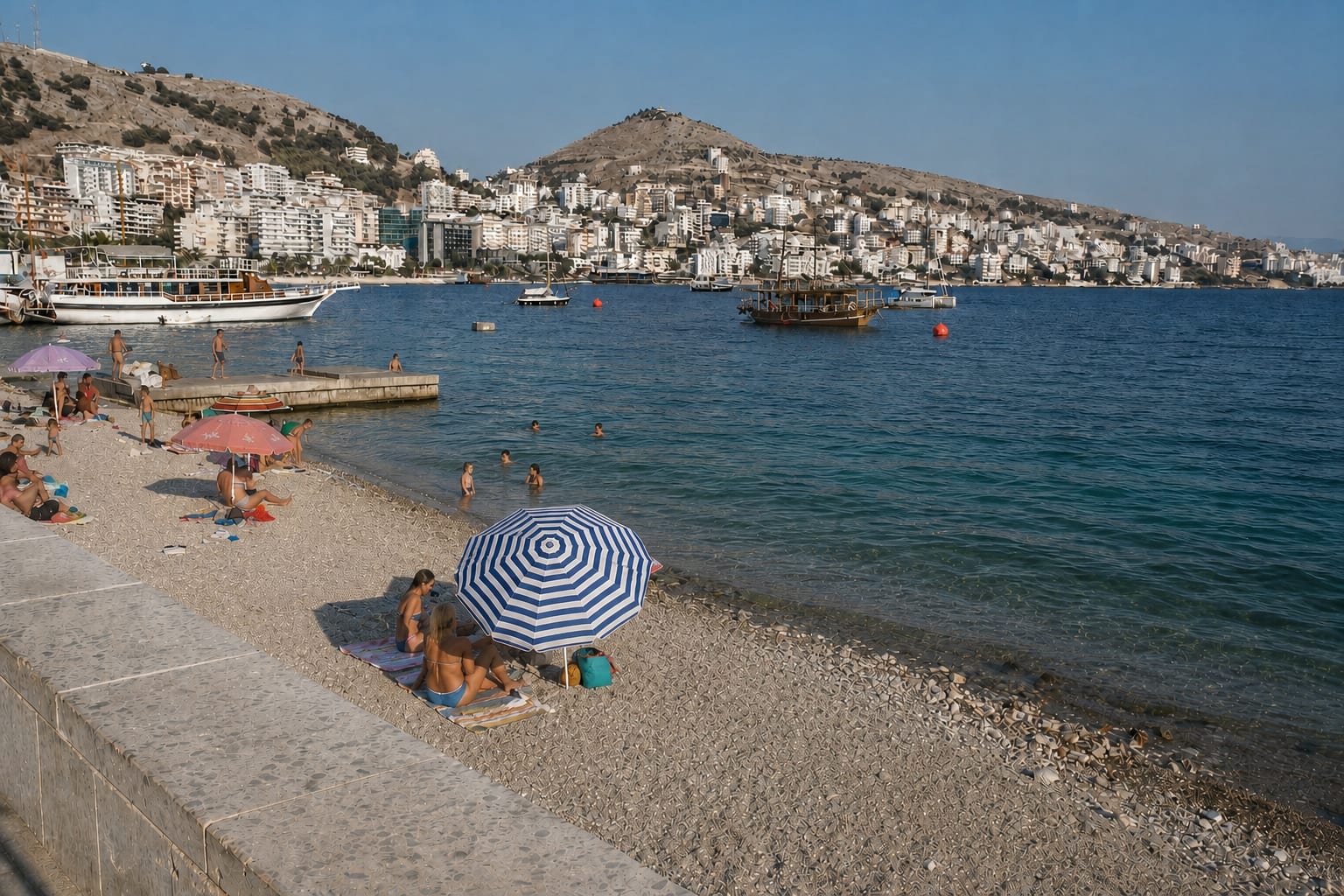 Sarande Beach and coastal views along the Albanian Riviera