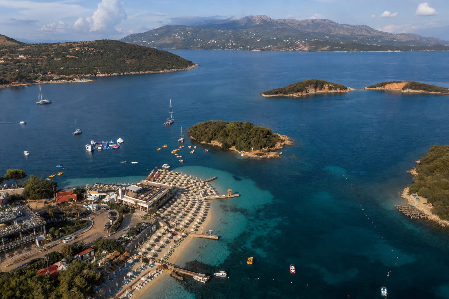 Aerial view of Ksamil with beaches and surrounding coastline