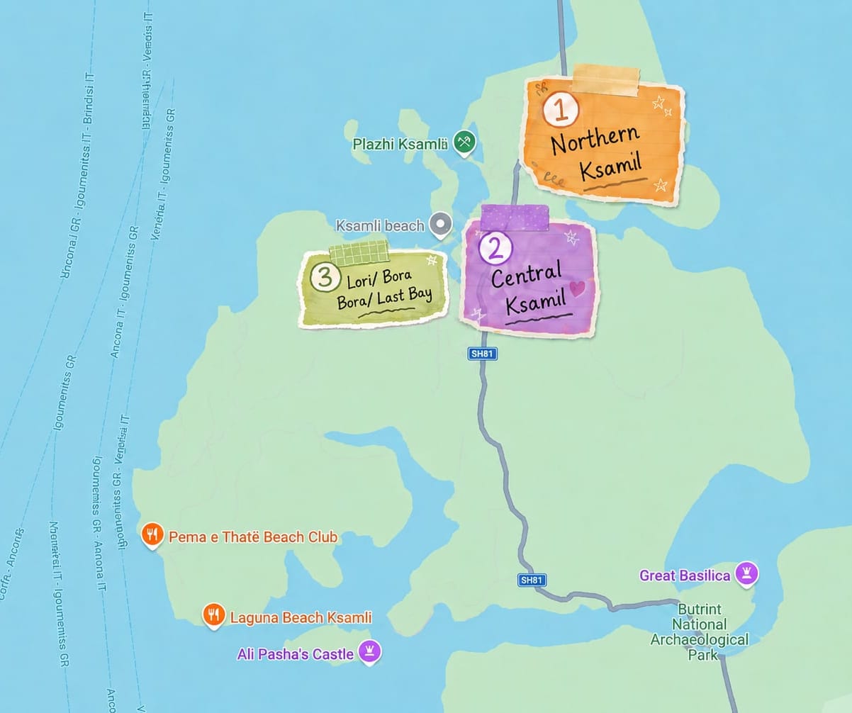 Map showing recommended areas to stay in Ksamil