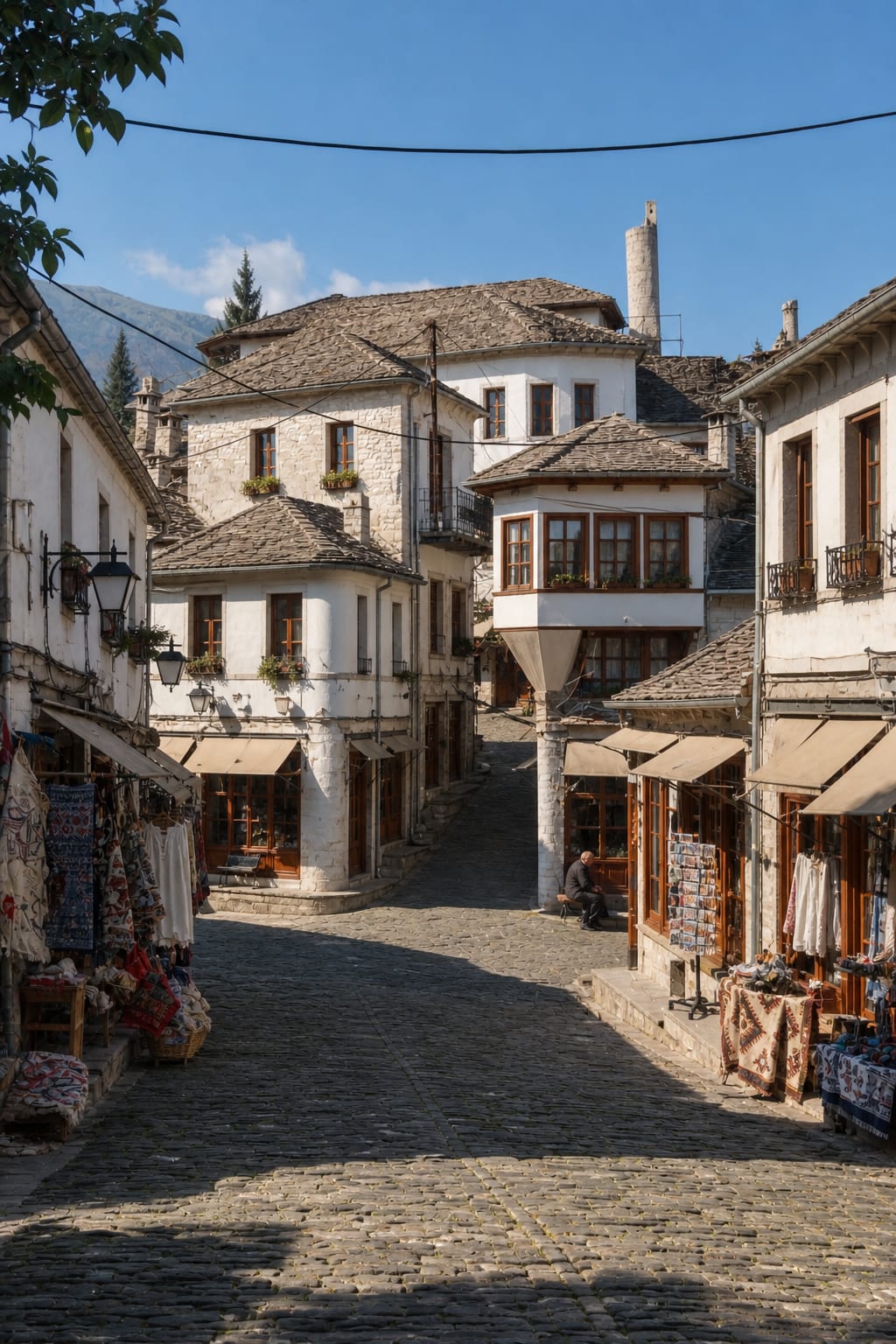 Historic stone architecture and hillside views in Gjirokaster, Albania.
