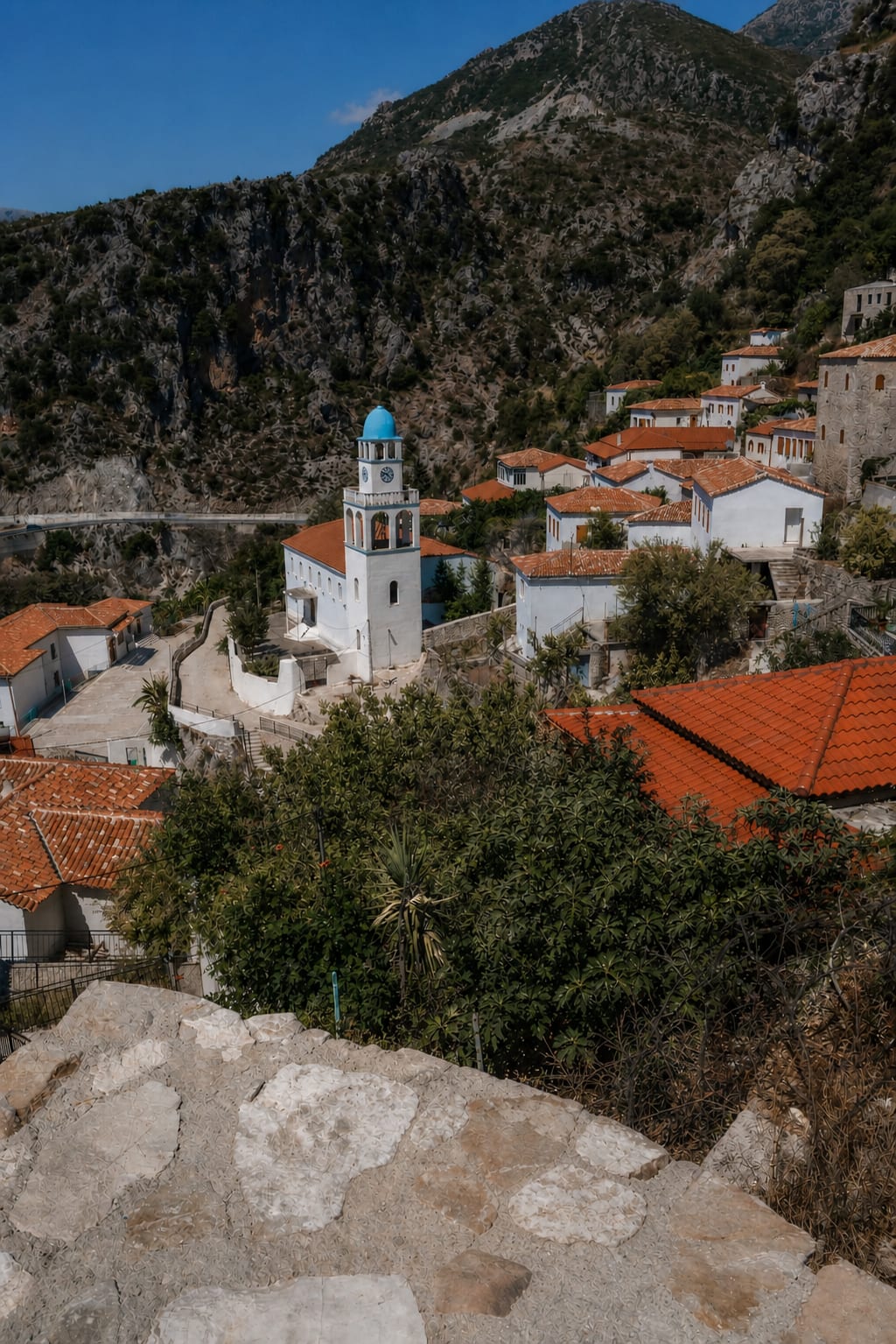 Traditional stone church in Dhermi Old Town, Albania.