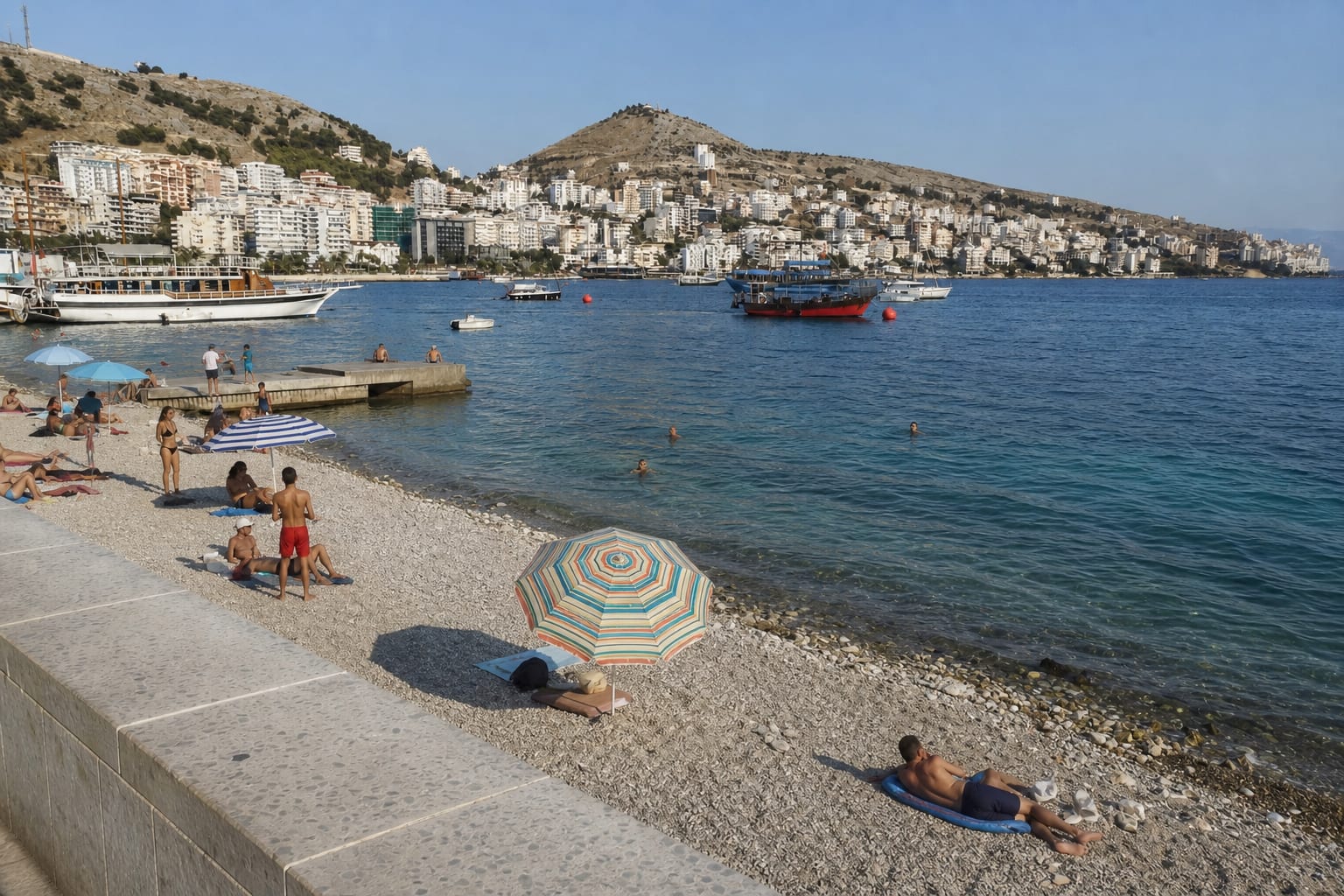 View over Sarande Beach and coastline in Albania.