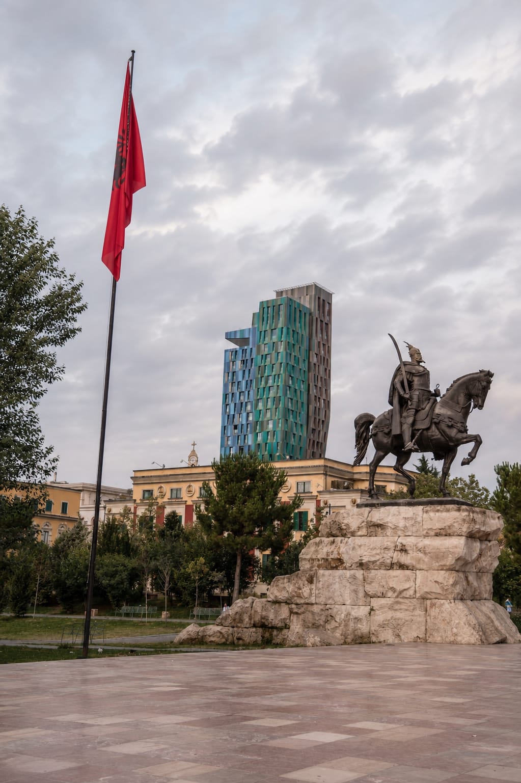 Urban street scene in Tirana, Albania's capital city.