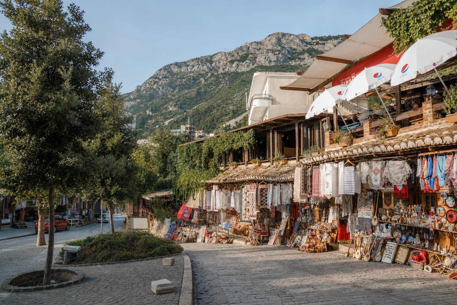 Historic town of Kruje in Albania with traditional architecture.