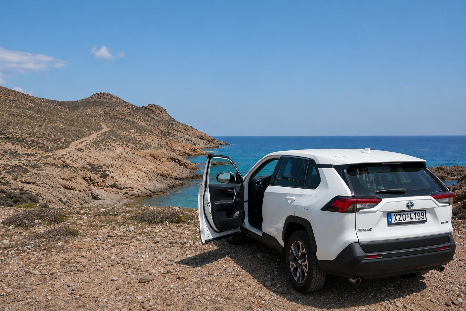 Rental car on a scenic route through the Greek islands