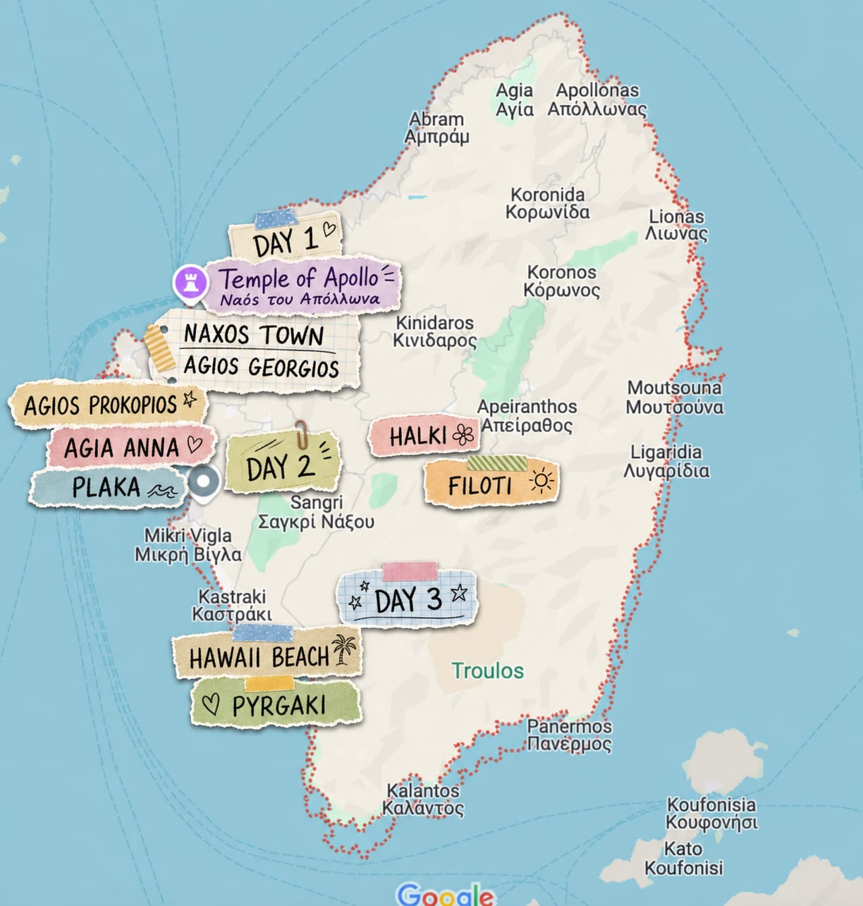 Map showing a three-day travel itinerary across Naxos island.