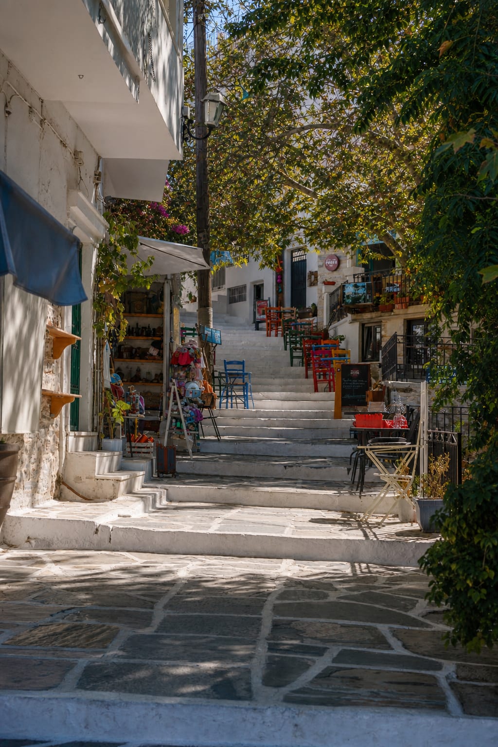 Filoti village in Naxos with traditional Cycladic character and streets.