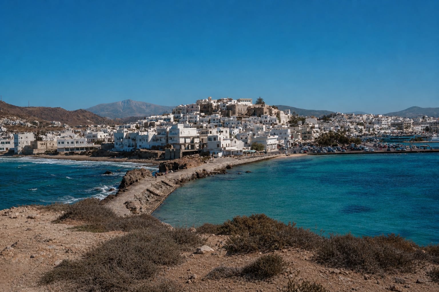 Chora in Naxos Town, featuring traditional Cycladic streets and architecture.