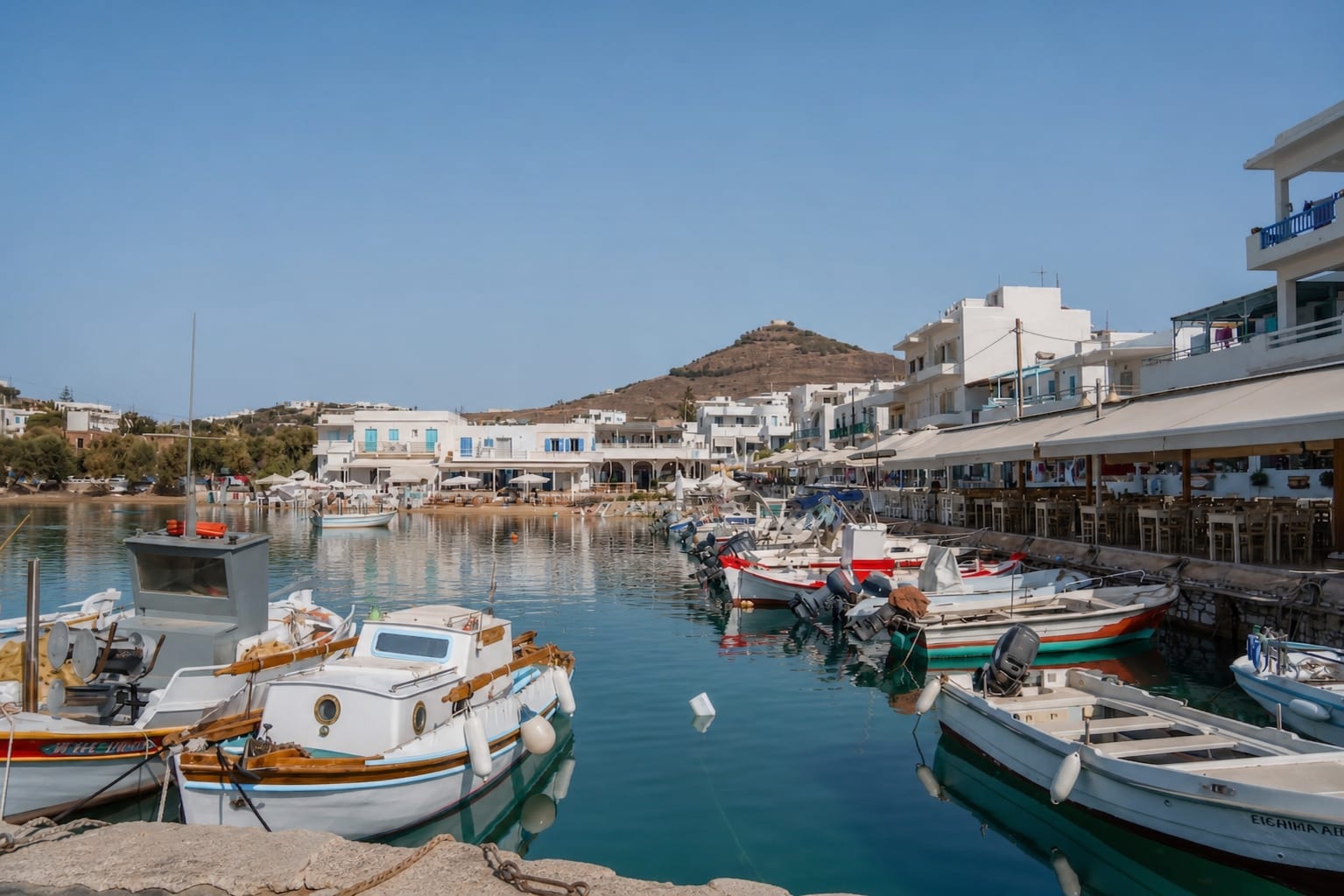 Piso Livadi in Paros, a small coastal village with a harbor.