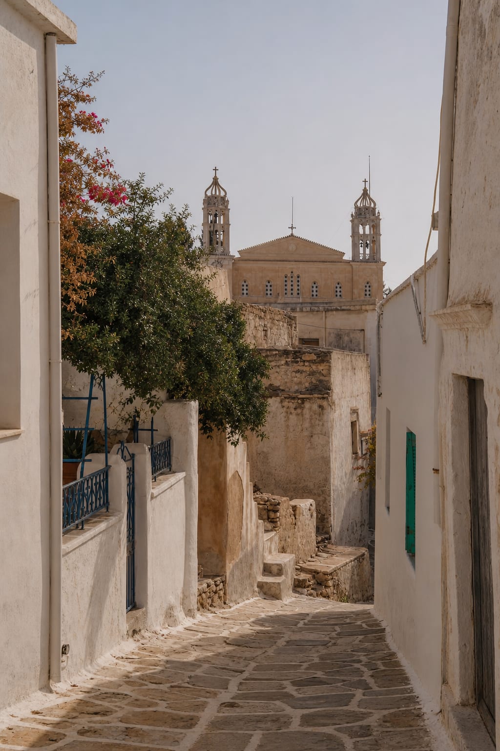 Lefkes village in Paros with traditional architecture and mountain views.