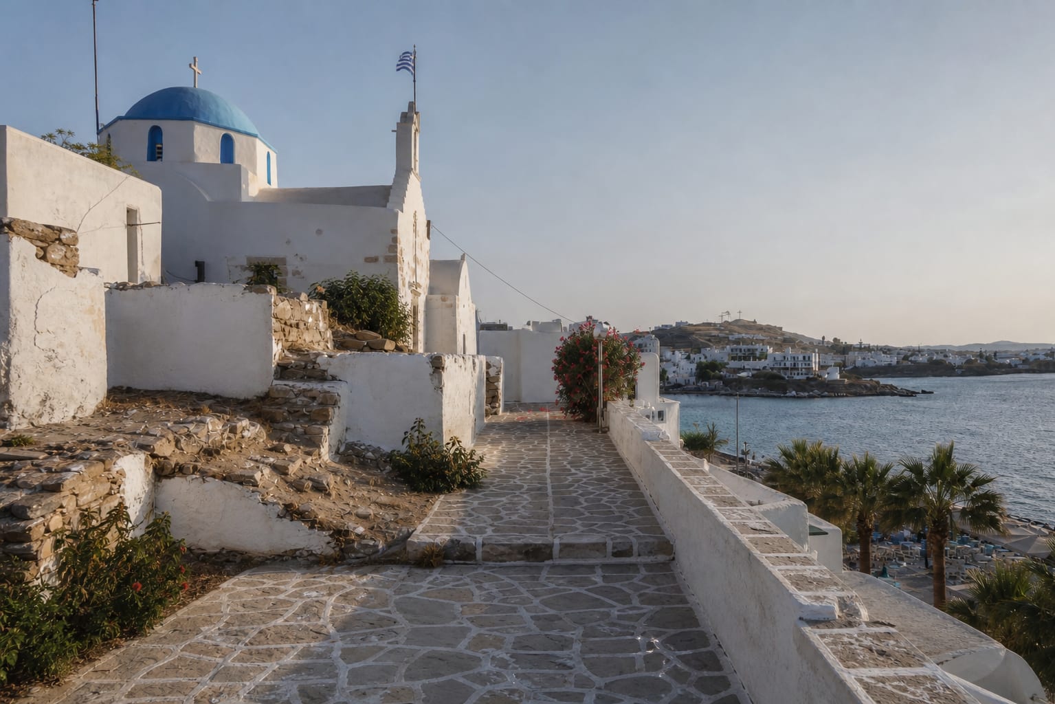 Church of Saint Constantine in Parikia, Paros, overlooking the sea.