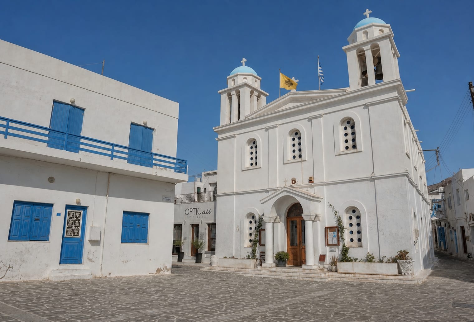 Parikia in Paros with traditional Cycladic streets and whitewashed buildings.