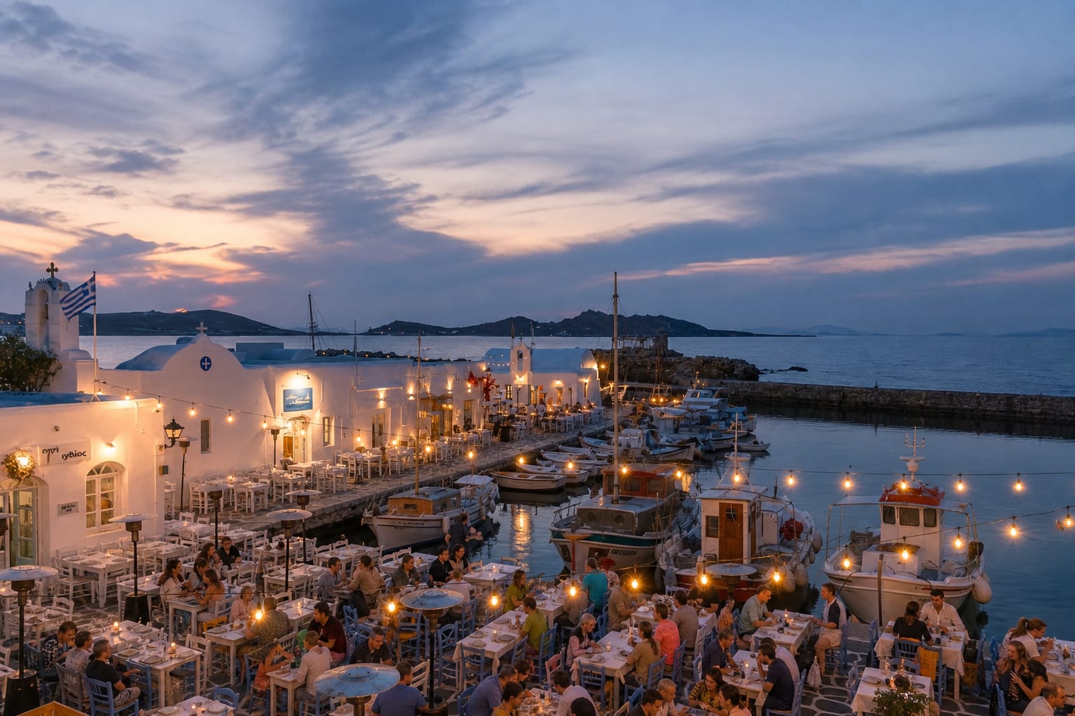 Naoussa Marina in Paros with lively nightlife along the waterfront.