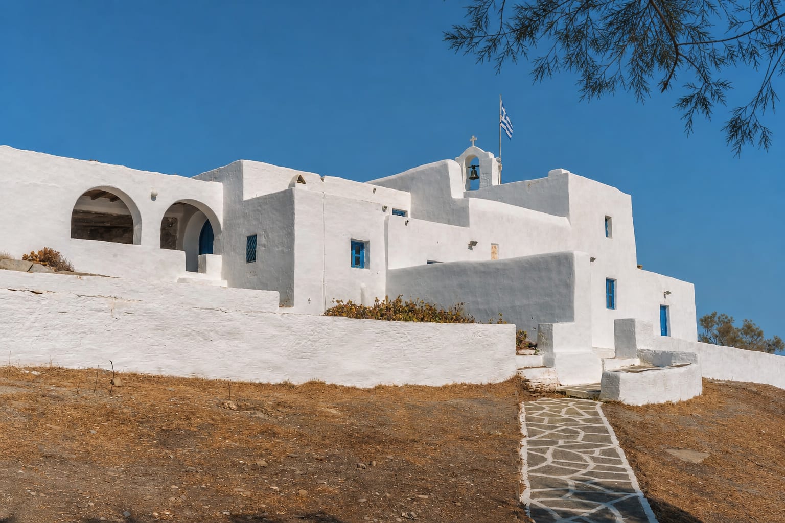 Monastery of St John of Deti overlooking the Paros coastline.