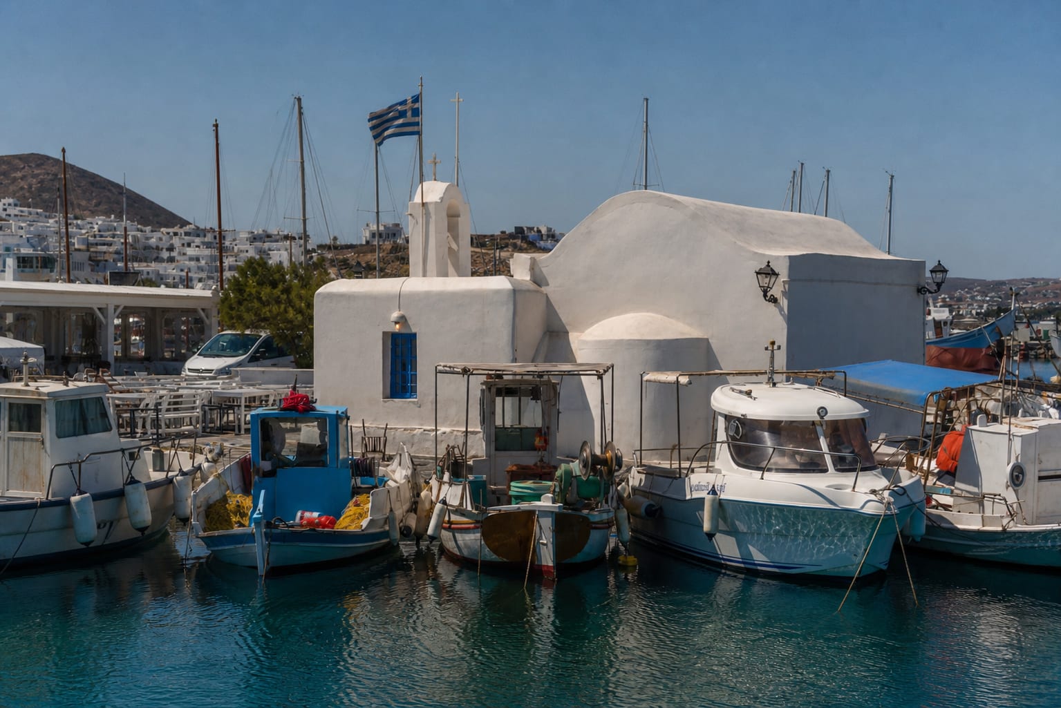 Naoussa Marina with boats and waterfront scenery