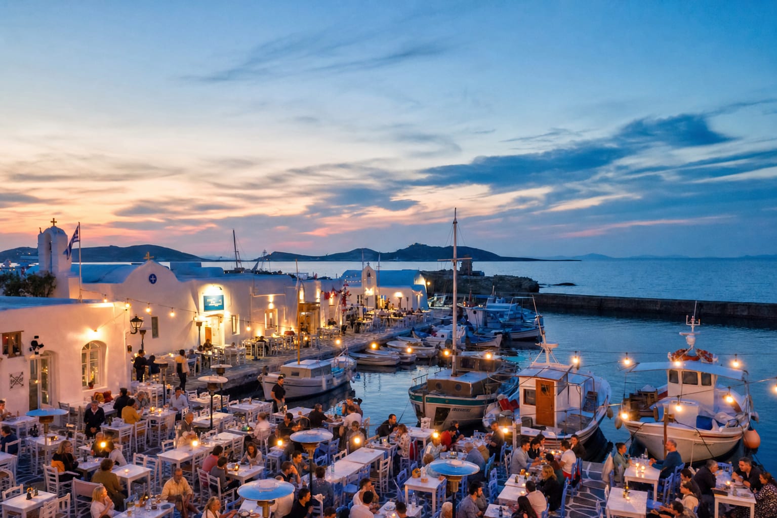 Evening nightlife area in Naoussa on Paros island