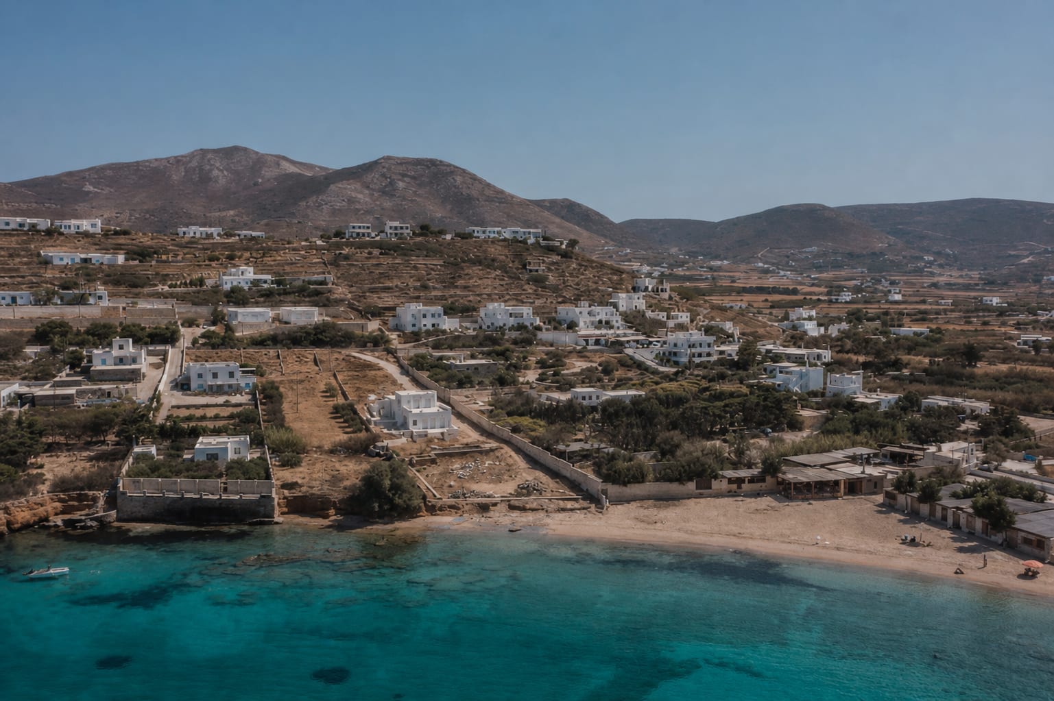 Parasporos Beach on Paros island with sandy shoreline