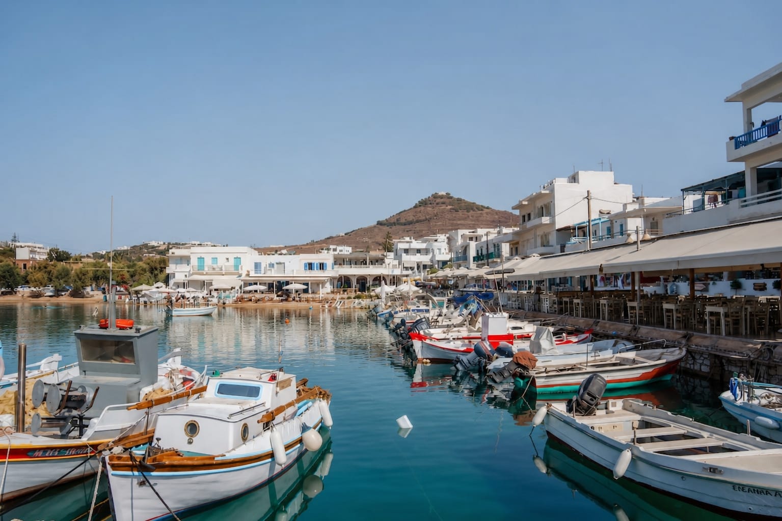 Piso Livadi harbor and seaside village on Paros island