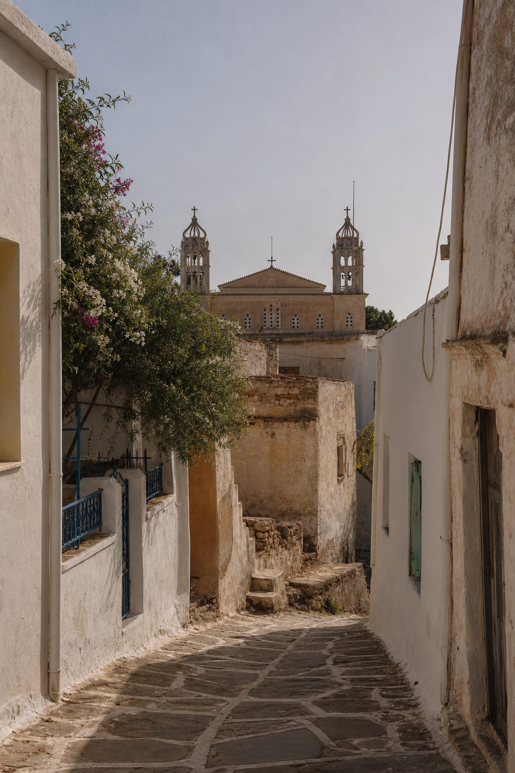 Whitewashed architecture and mountain village scenery in Lefkes, Paros