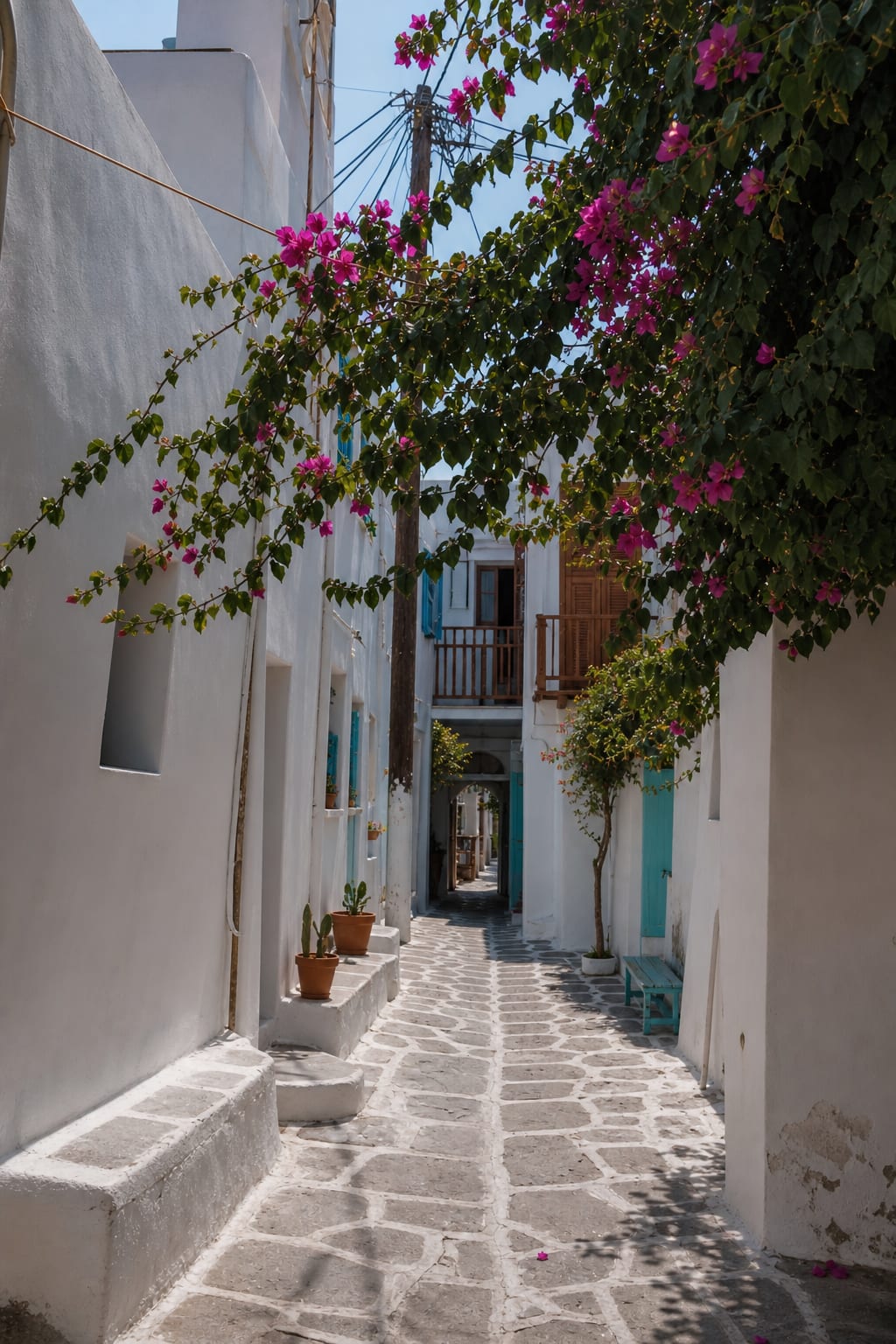 Old Town streets and traditional Cycladic architecture in Naoussa, Paros