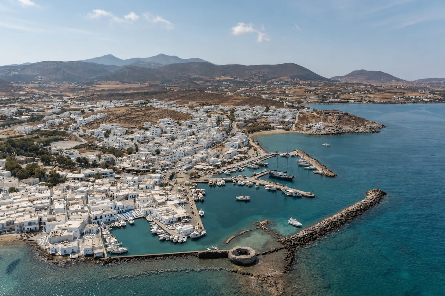 Naoussa village and scenic coastline on Paros island
