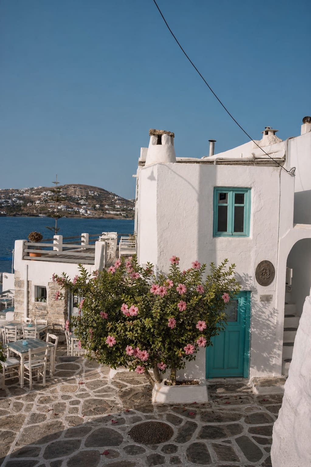 Restaurants and waterfront dining area in Parikia, Paros