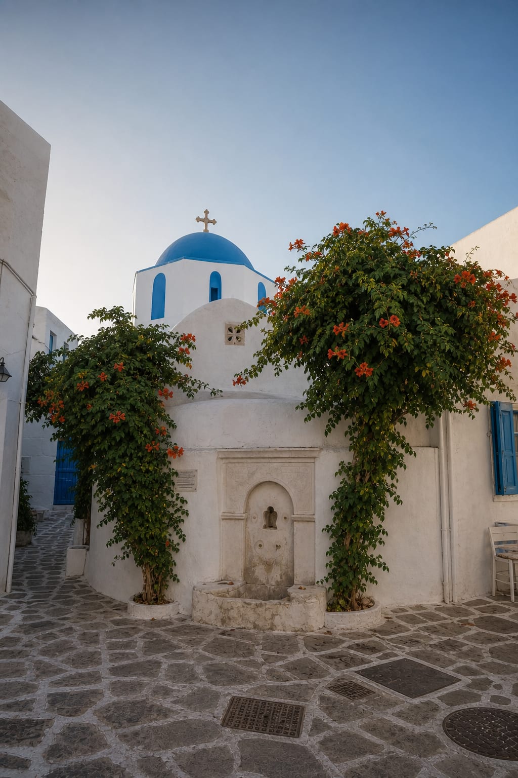 Whitewashed streets and traditional architecture in Parikia, Paros, Greece